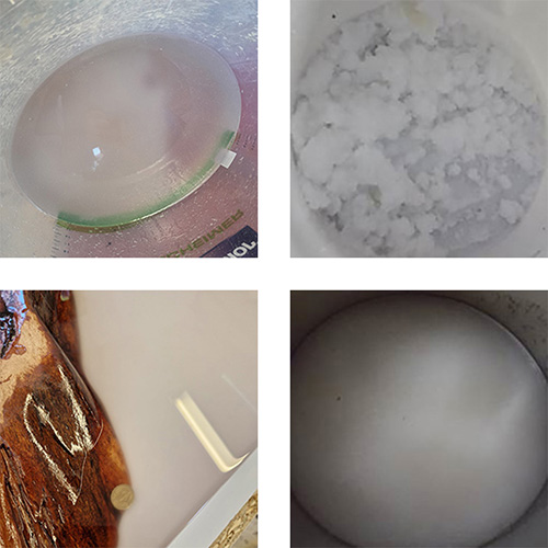 4 verschiedene Bilder von kristallisiertem Epoxidharz in verschiedenen Formen